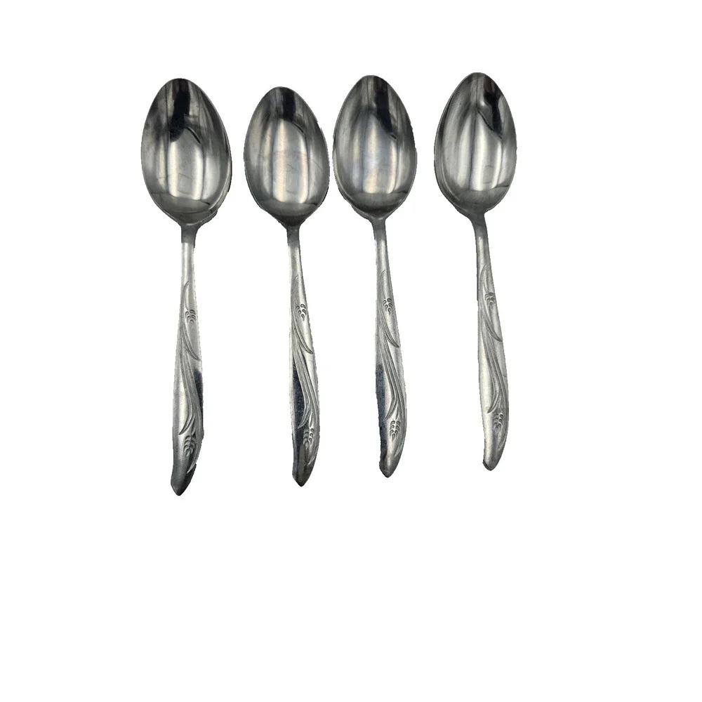 Shoulette Stainless Japan Teaspoons Set of 4 – Swirl Leaf Pattern Mid Century